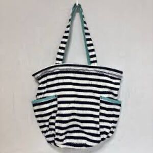 Thirty One Retro Metro Bag Navy White Stripes Aqua Accents EUC